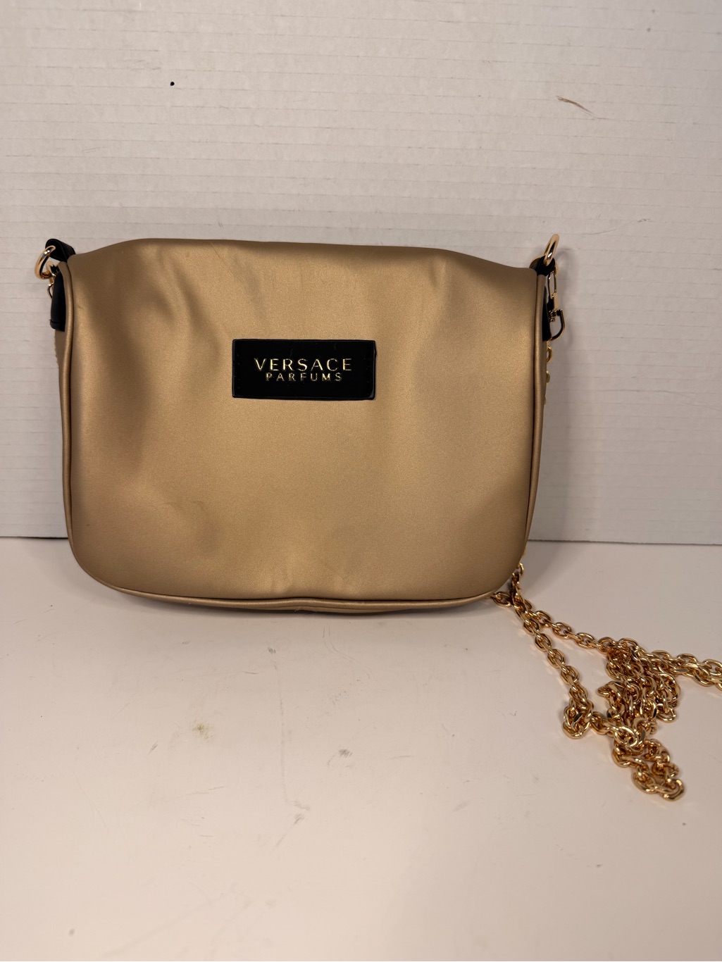 Versace Parfums Gold Metallic Chain Crossbody Bag